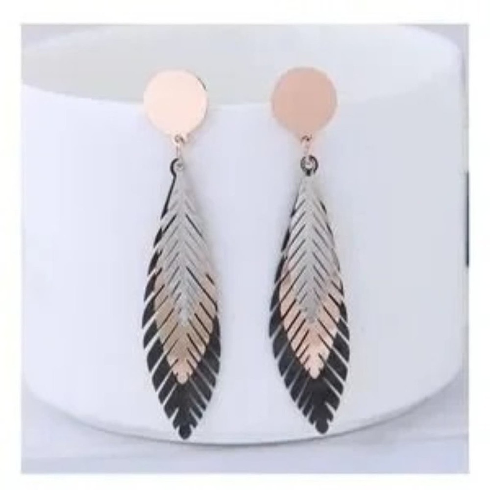 Boho Tri Color Silver Rose Gold Black Feather Leaves Drop Dangle Earrings A0100 - Picture 9 of 12